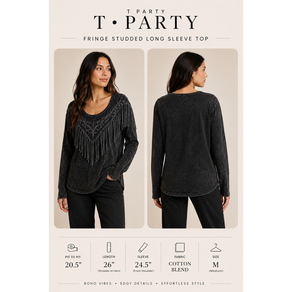 T Party Mineral Wash Fringe Rhinestone Long Sleeve Western Boho Top Medium Black